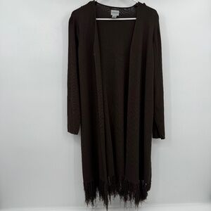 Chicos Cardigan Women Large Brown Fringe Midi Stretch Western Long Sleeve